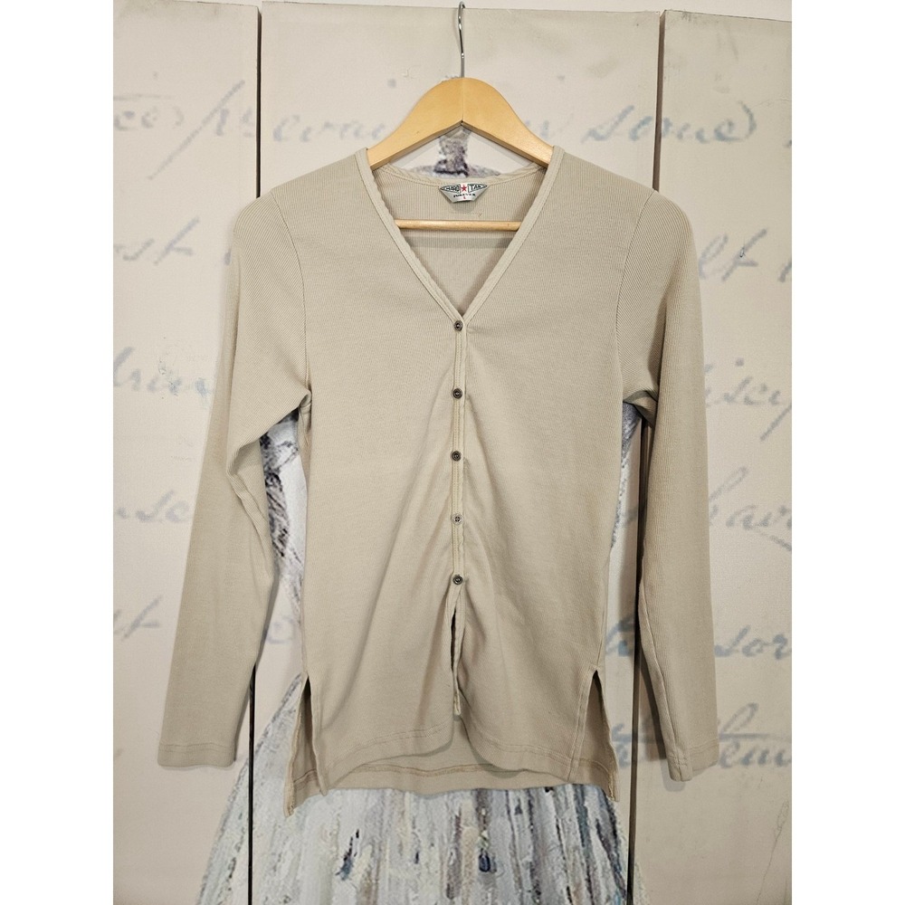 Hard Tail Cardigan Large Beige Ribbed V-Neck Button Front Side Slits CS-06
